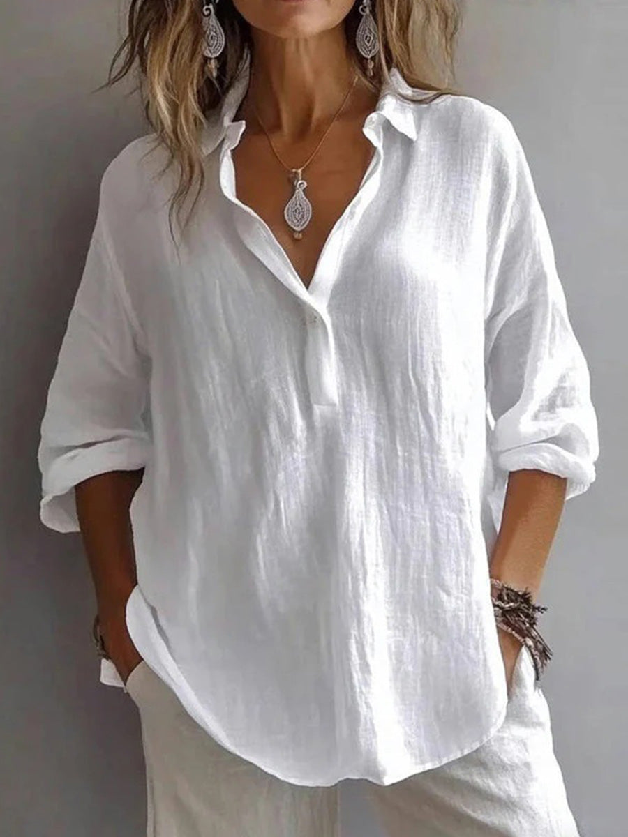 Casual Solid Color Lapel Long Sleeve White Blouse