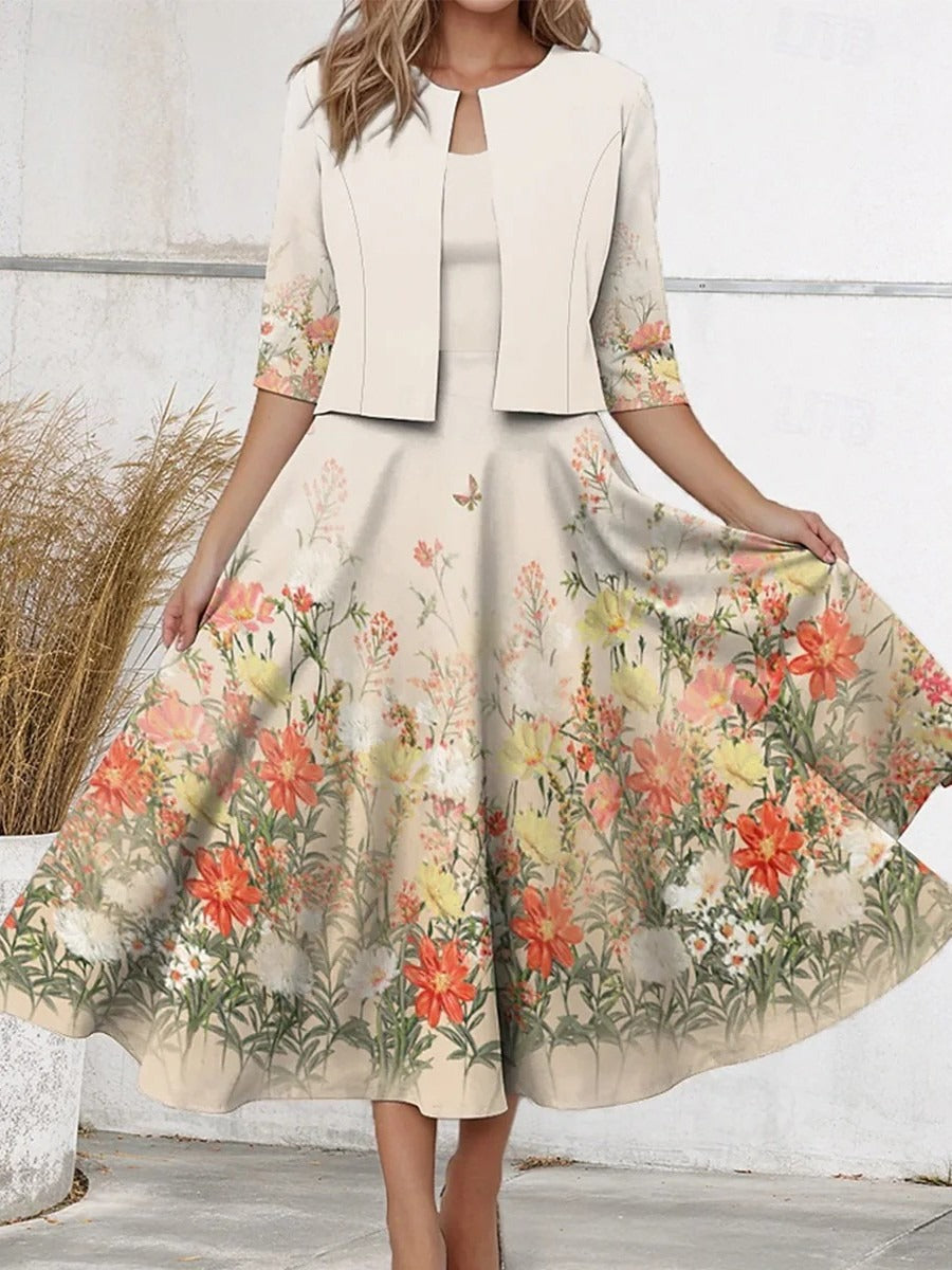 Modern Floral Print Midi Dress