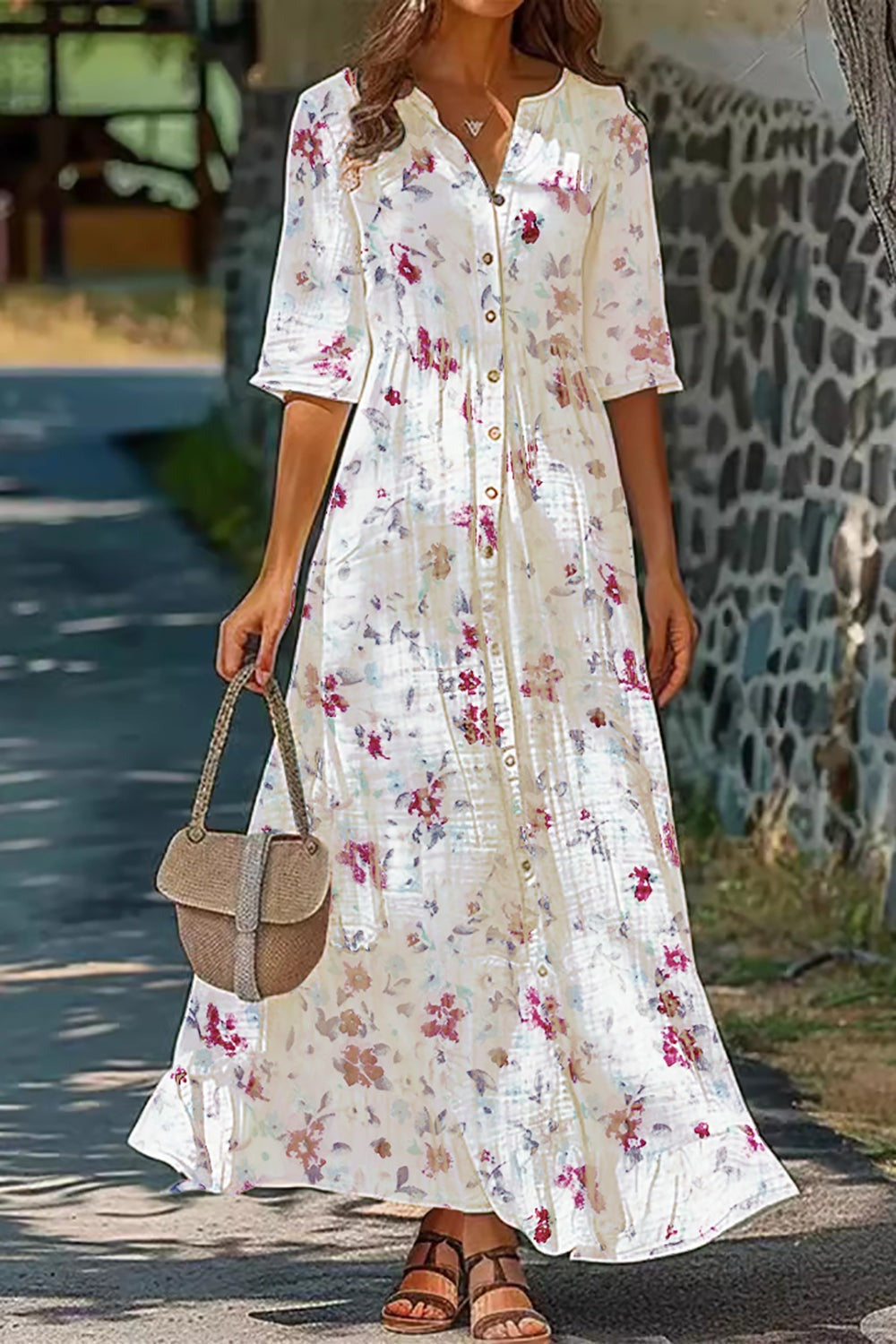 Half Sleeve Buttoned Loose Floral Maxi Dress