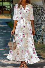 Half Sleeve Buttoned Loose Floral Maxi Dress