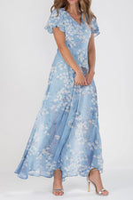 Casual Floral Print V-neck Ruffle Short Sleeve Flowy Maxi Dress