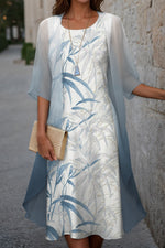 Elegant Bamboo Print Crew Neck Half Sleeve Comfy Two Piece Set Midi Dress