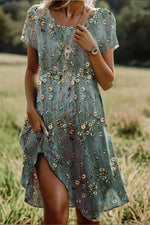 Floral Short Sleeve Lightweight Round Neck Comfy Midi Dress