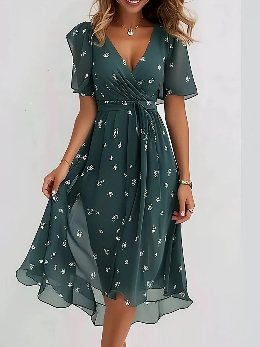 Elegant Floral V-neck Ruched Short Sleeve Flowy Midi Dress
