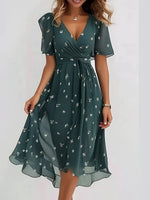 Elegant Floral V-neck Ruched Short Sleeve Flowy Midi Dress