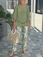 Casual Crew Neck 3/4 Sleeve Layered Hem Tops And Leaf Loose Pants Two Piece Set