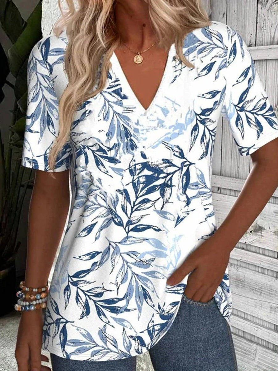 Leaf Print V-neck Short Sleeve Casual Basic T-Shirt