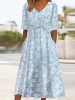 Floral Casual Ruched V-neck Side Pocket Short Sleeve Loose Midi Dress