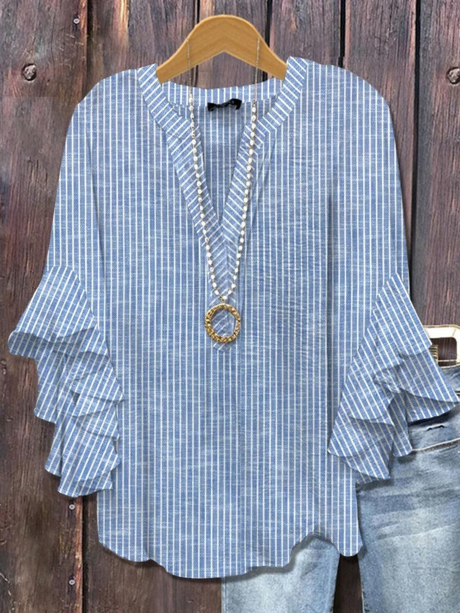 Blue StripedV-neck 3/4 Sleeve Blouse