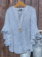 Blue StripedV-neck 3/4 Sleeve Blouse
