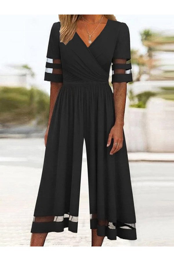 Solid Black V-neck Half Sleeve Jumpsuit