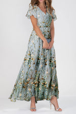 Floral Embroidery V Neck Short SleeveRuffle Maxi Dress