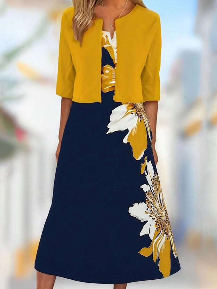 Floral Print V-neck Half Sleeves Two Piece Mini Dress