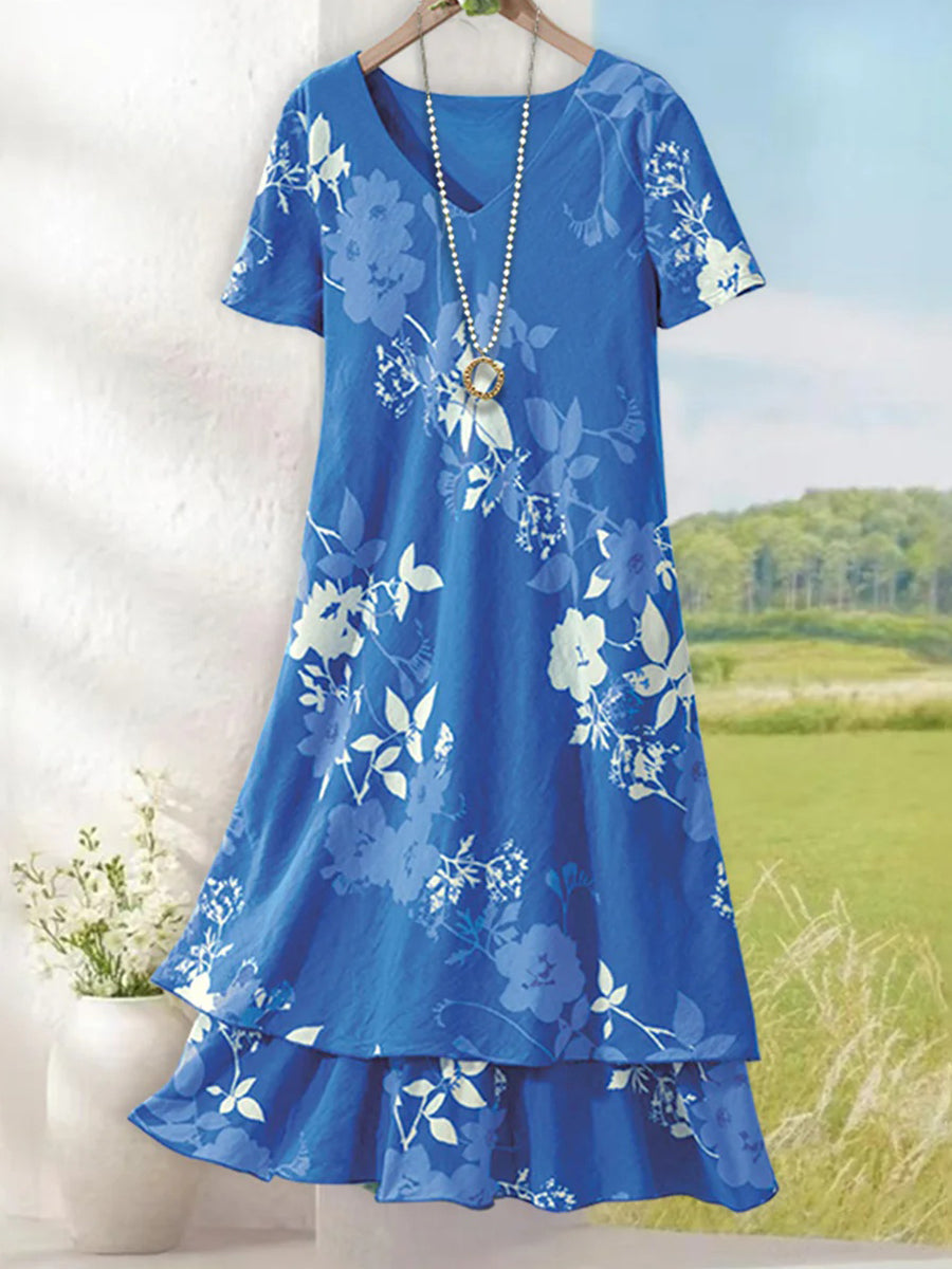 Short Sleeve Floral Print V-neck Layered Hem Mini Dress