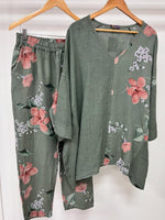 V-neck Botanical Floral Print Tops And Pants Two-piece Suits