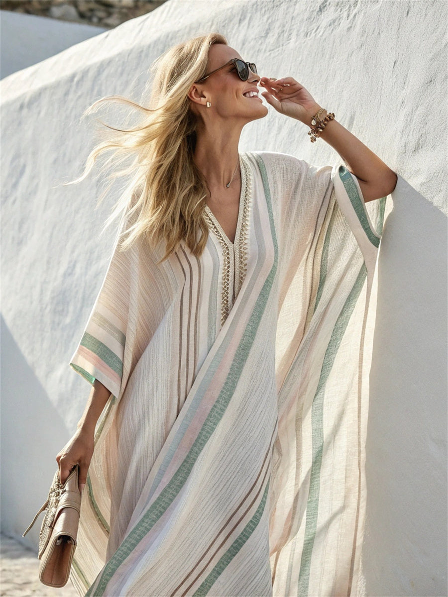 Striped V-neck Long Sleeves Loose Maxi Dress