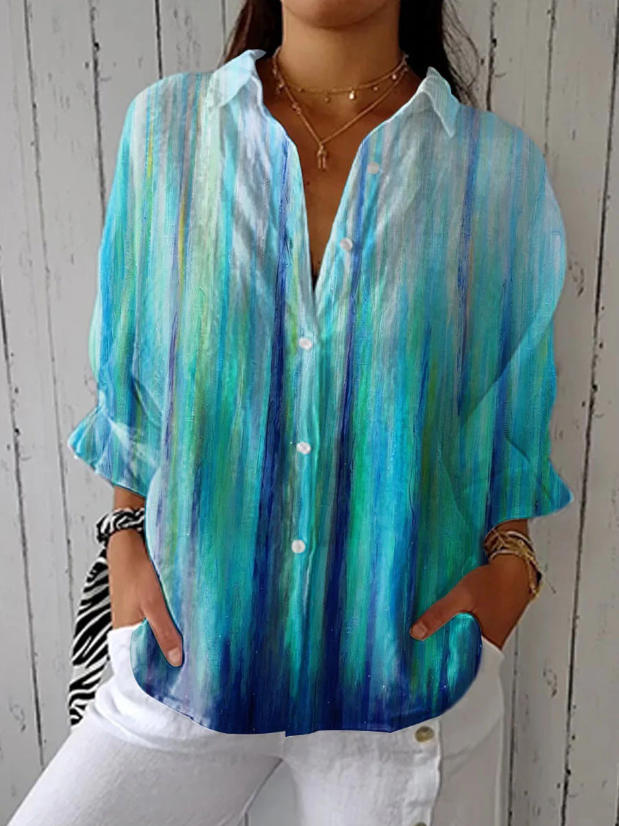 Gradient Watercolor Lapel Loose 3/4 Sleeves Blouse