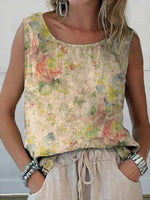 Retro Floral Print Round Neck Sleeveless Tank Tops