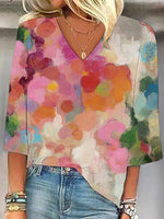 Youthful Floral Print V-Neck 3/4 Sleeve Tops