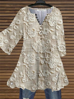 3/4 Sleeve V-neck Graphic Buttons Tops