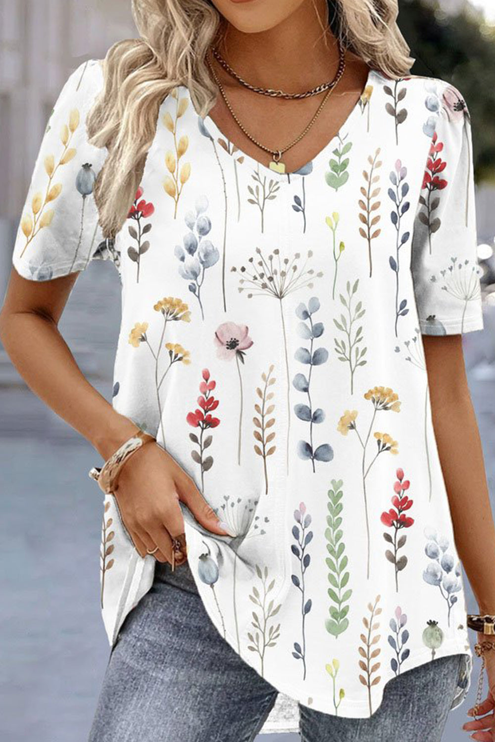 Floral Print V-Neck Short Sleeve T-Shirt