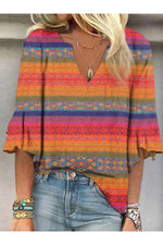 Colorblock Striped V-Neck Bell Sleeve Tops