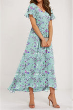 Floral Print V-Neck Ruffled Sleeve Maxi Dress