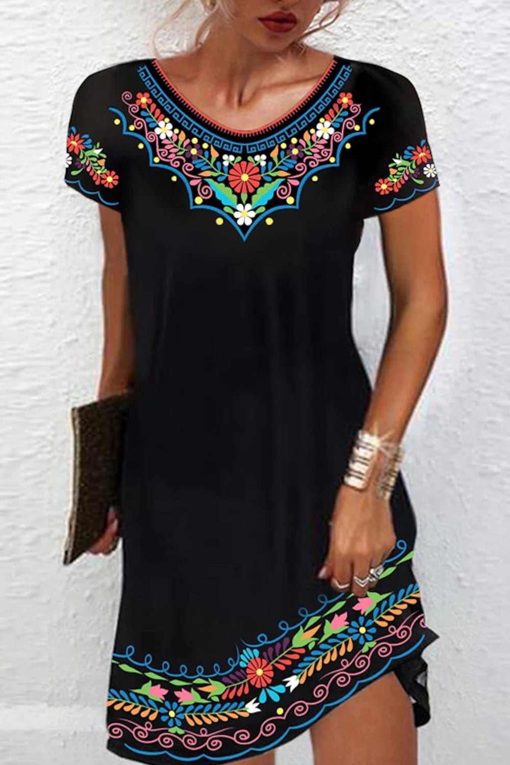 Bohemian Embroidered Short Sleeve Black Dress