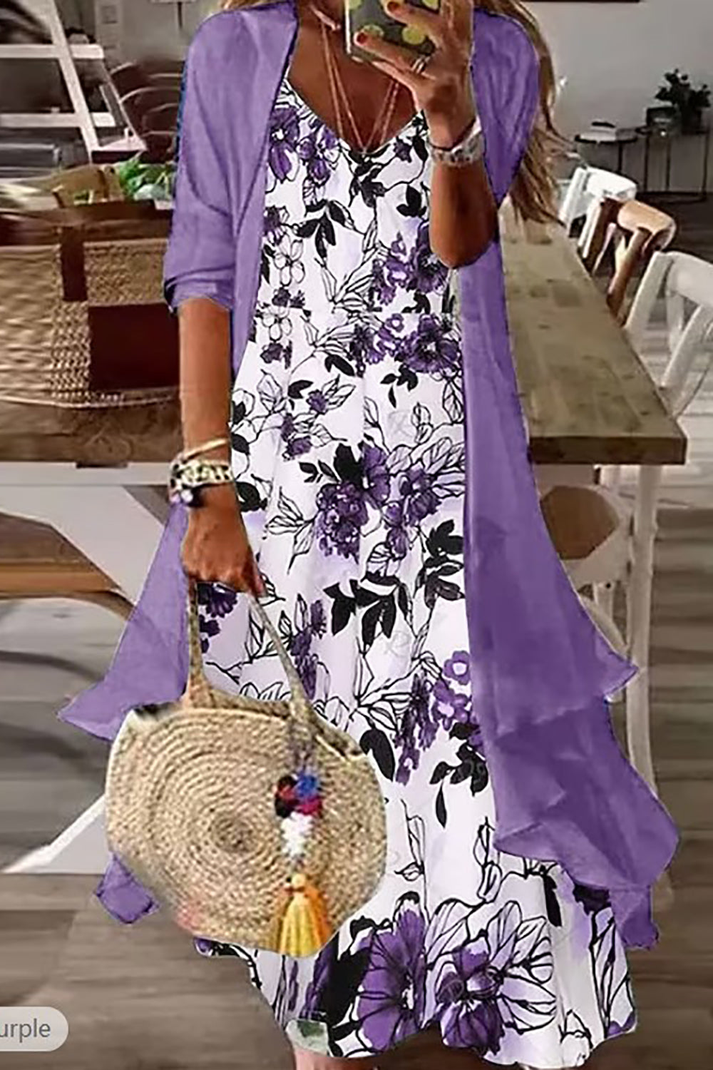 Bohemian 3/4 Sleeve V-Neck Floral Print Two-Piece Maxi Dress