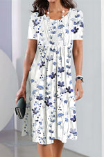 White Round Neck Blue Floral Short Sleeve Loose Midi Dress