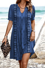 Bohemian Blue Geometric Print V-Neck Short Sleeve Mini Dress