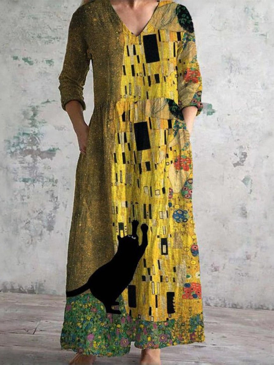Vintage Creative Cat Geometric Print Maxi Dress