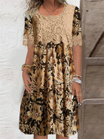 Women's Short Sleeve Scoop Neck Lace Graphic Floral Printed Midi Dress