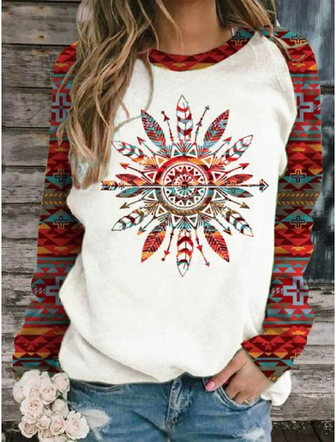 Ethnic Tribal Print Crew Neck Long Sleeves Sweatshirt