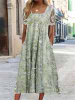 Short Sleeve Square Collar Floral Printed Lace Stitching Midi Dress