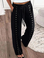 Black Tie-Waist Metal Ring Casual Pants