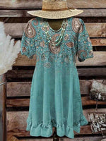 Vintage Ethnic Embroidered Round-Neck Short Sleeve Midi Dress