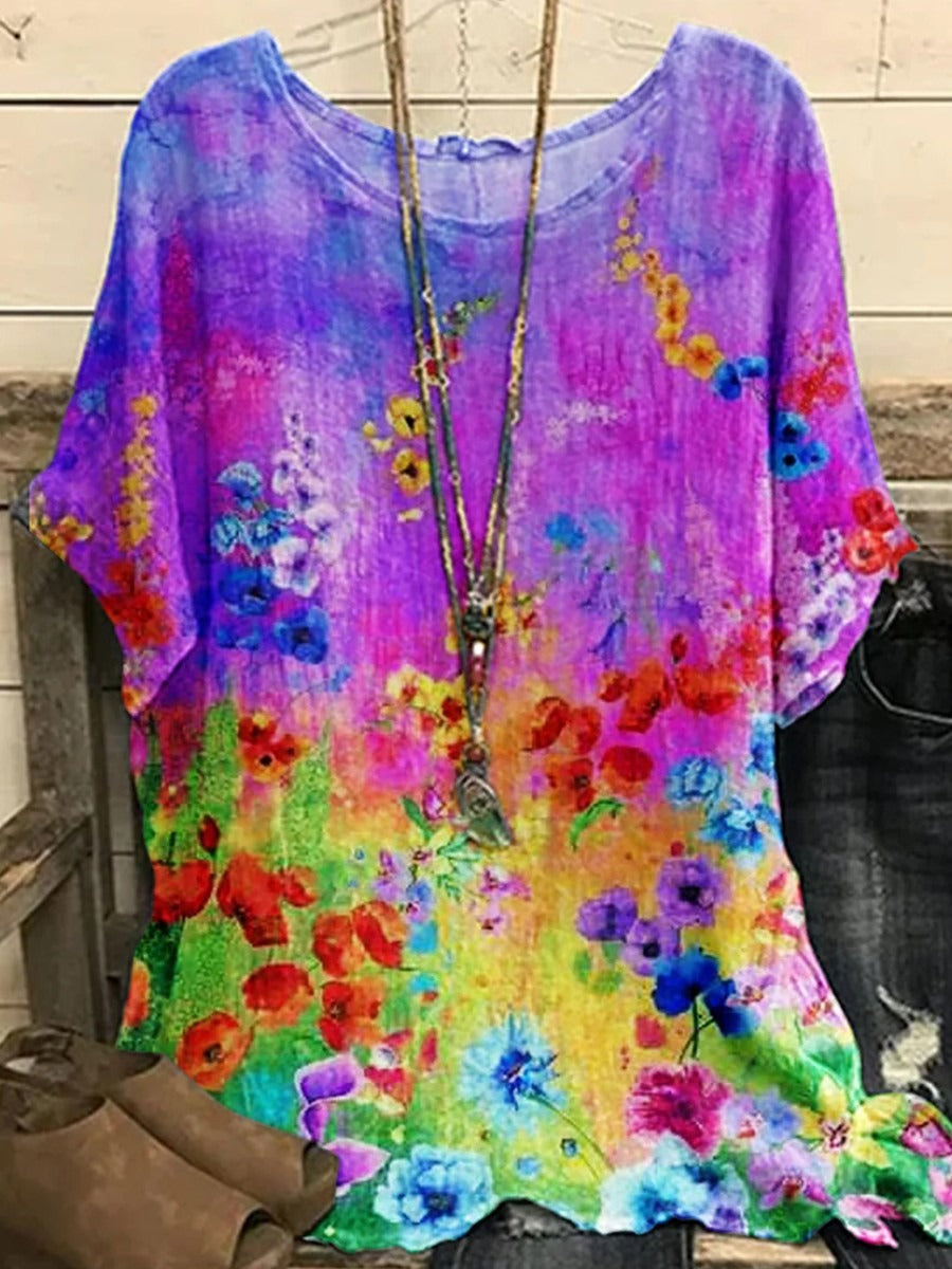 Purple Round Neck Short Sleeve Tops