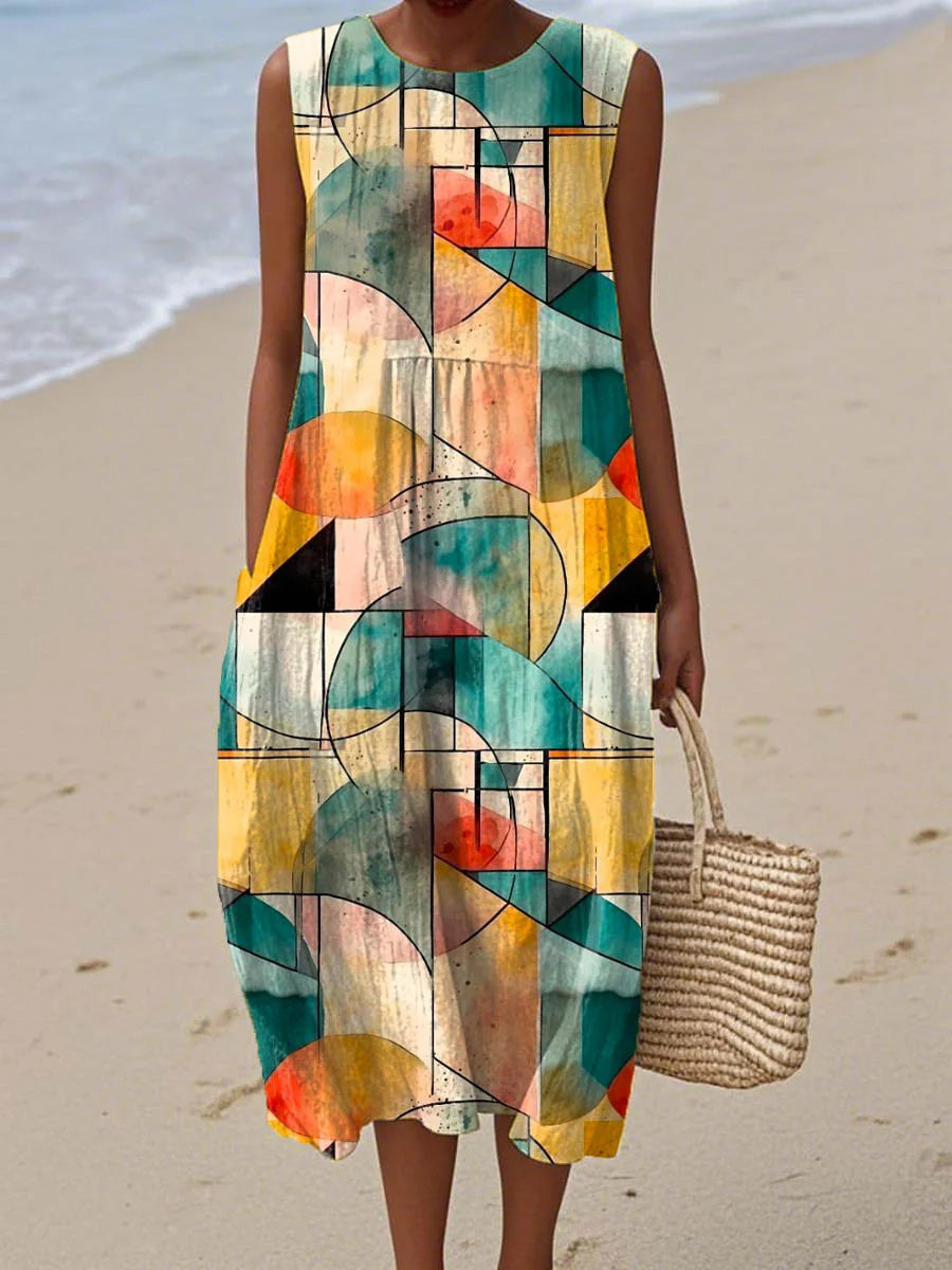 Geometric Print Round Neck Sleeveless Midi Dress
