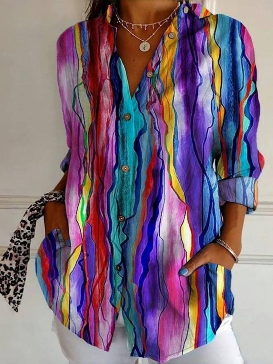 Colourful Abstract Print Shirt Collar Long Sleeve Casual Blouse