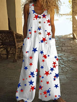 Star Print Round Neck Sleeveless Pockets Loose Casual Jumpsuit