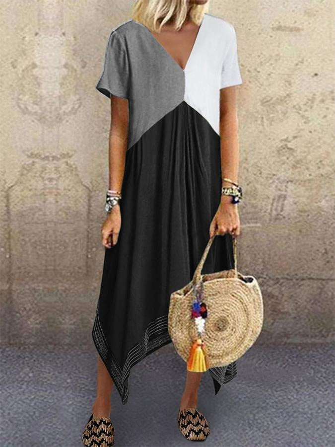Geometric Patchwork Irregular Hem V-neck Short Sleeve Holiday Midi Dress