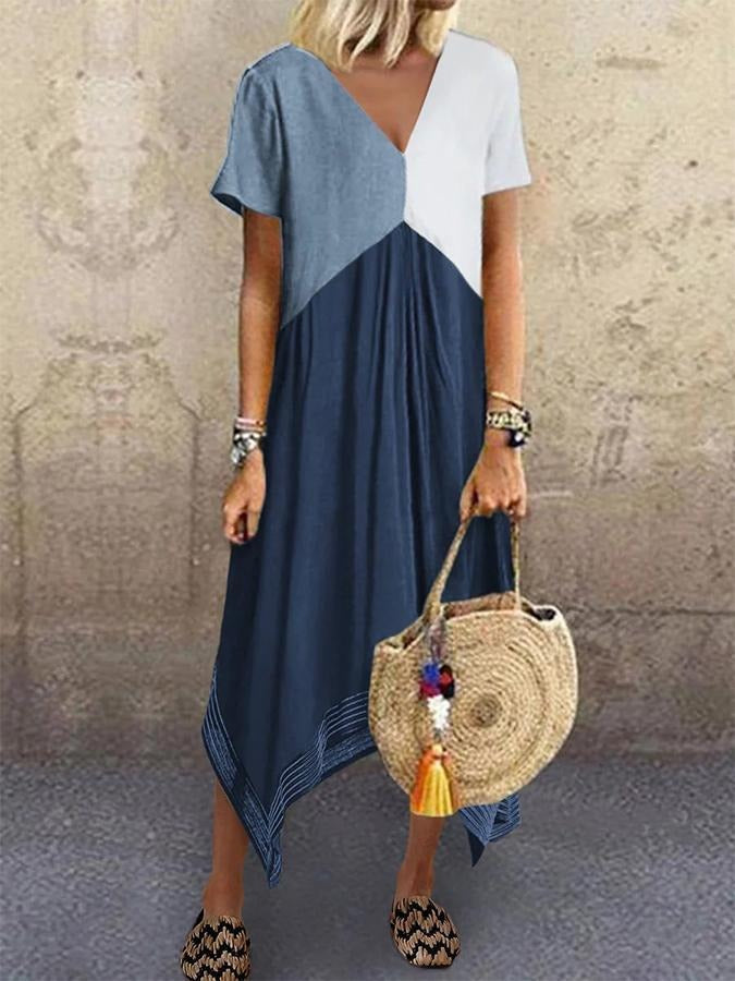 Geometric Patchwork Irregular Hem V-neck Short Sleeve Holiday Midi Dress