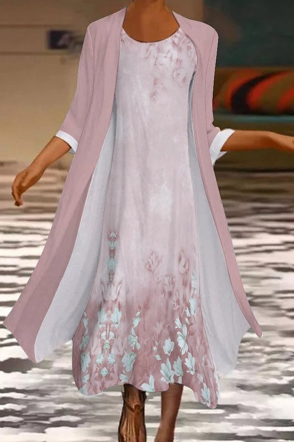 Floral Crew Neck 3/4 Sleeve Elegant Comfy Two Piece Maxi Dress