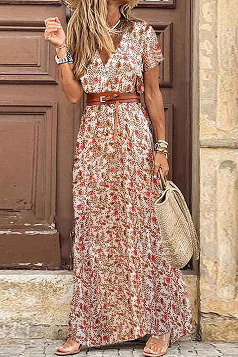 Bohemian Floral V Neck Short Sleeve Belted Side Slit Casual Maxi Dress