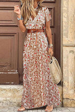 Bohemian Floral V Neck Short Sleeve Belted Side Slit Casual Maxi Dress