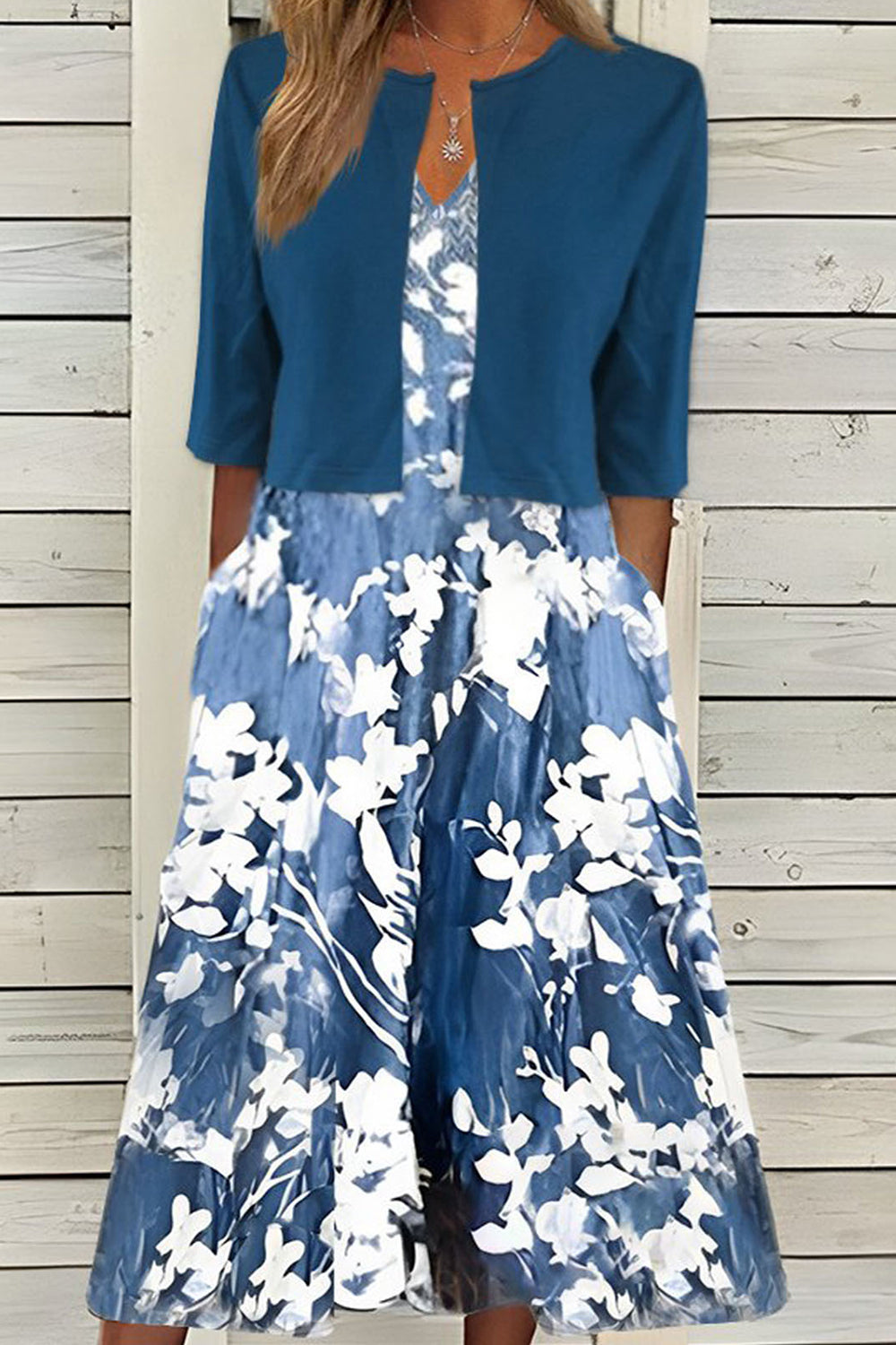 Floral V-neck Half Sleeve Pockets Comfy Two Piece Midi Dress
