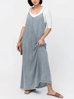 Plain V-neck Sleeveless Pockets Casual Denim Maxi Dress