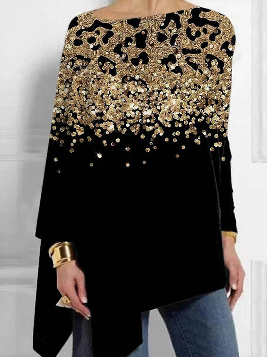 Sequins Crew Neck Long Sleeve Irregular Hem Casual Blouse