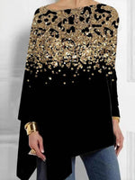Sequins Crew Neck Long Sleeve Irregular Hem Casual Blouse